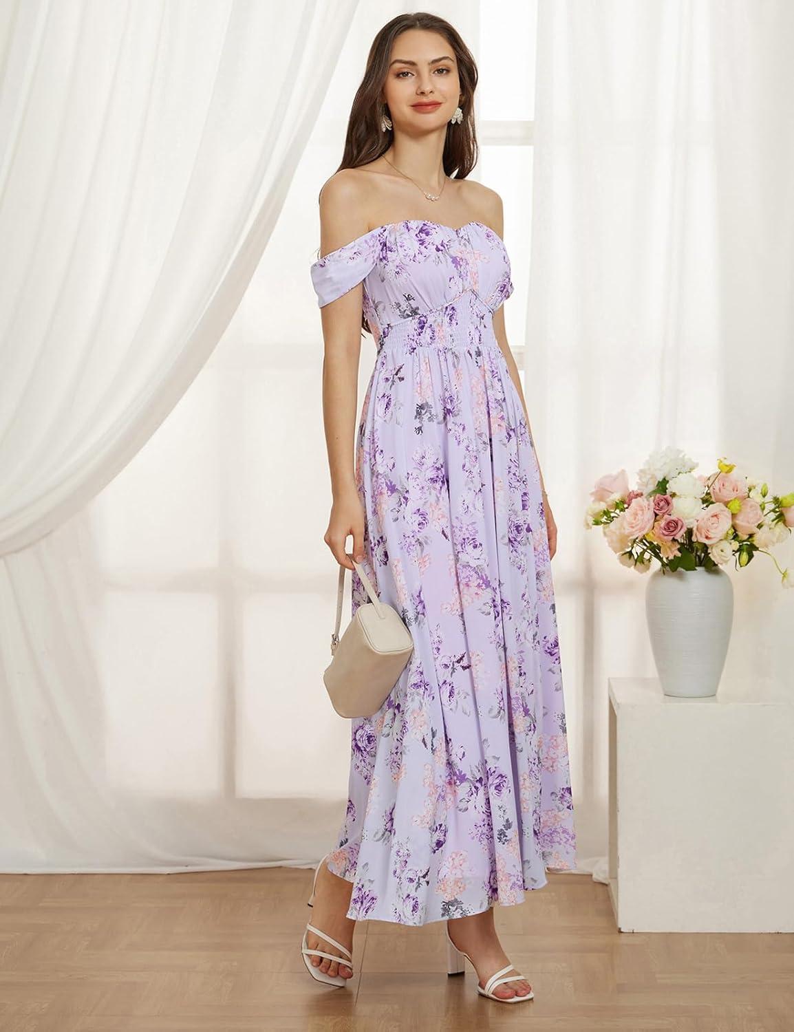 imageGRACE KARIN 2026 Womens Summer Floral Wedding Guest DressBeach Flowy A Line Maxi Off Shoulder Bridesmaid DressesPurple Floral