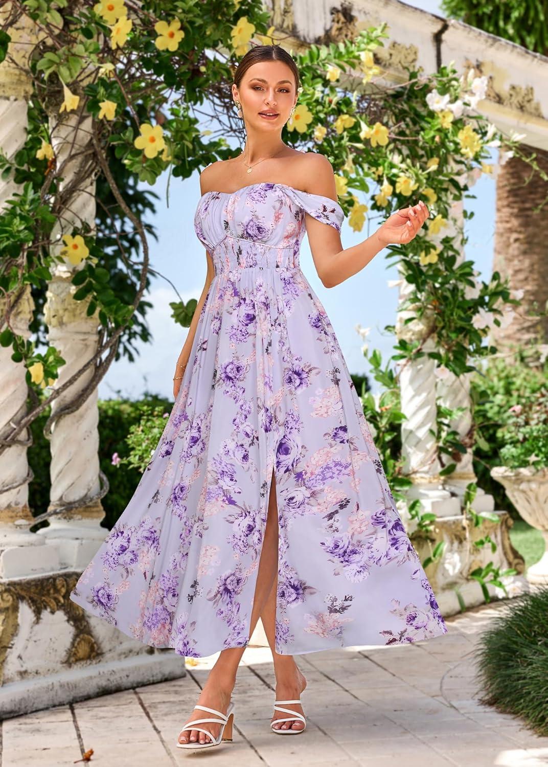 imageGRACE KARIN 2026 Womens Summer Floral Wedding Guest DressBeach Flowy A Line Maxi Off Shoulder Bridesmaid DressesPurple Floral