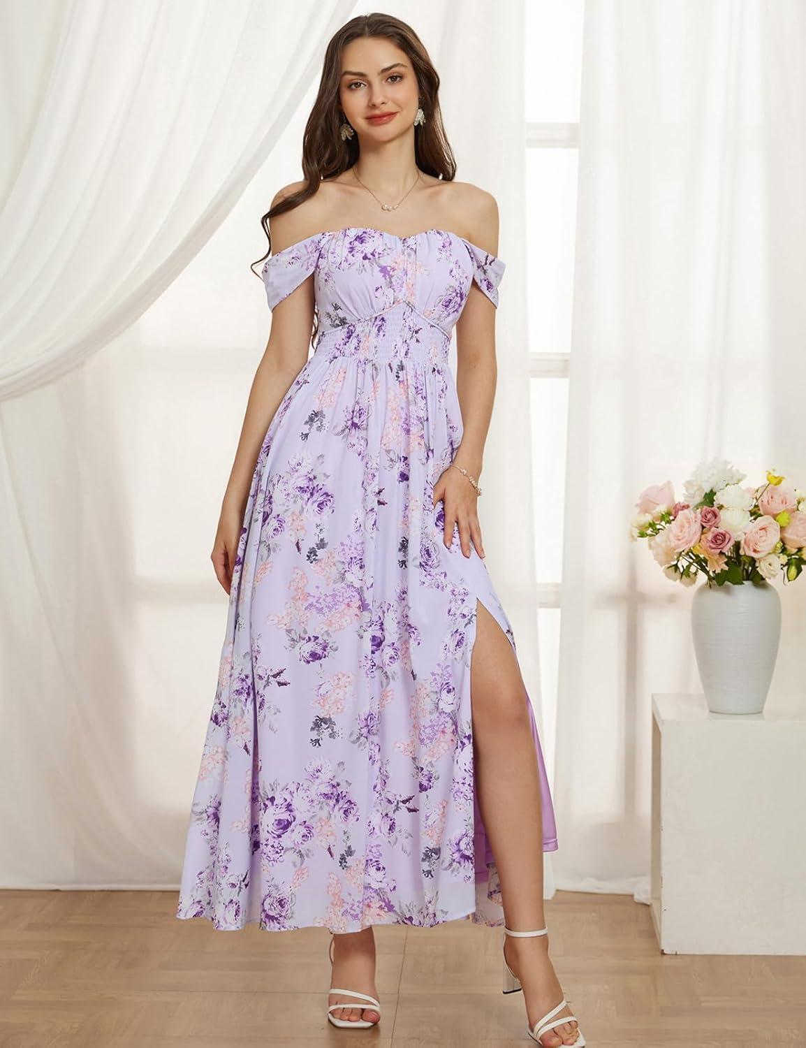 imageGRACE KARIN 2026 Womens Summer Floral Wedding Guest DressBeach Flowy A Line Maxi Off Shoulder Bridesmaid DressesPurple Floral