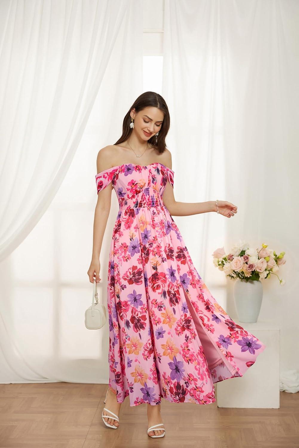 imageGRACE KARIN 2026 Womens Summer Floral Wedding Guest DressBeach Flowy A Line Maxi Off Shoulder Bridesmaid DressesPurple Red