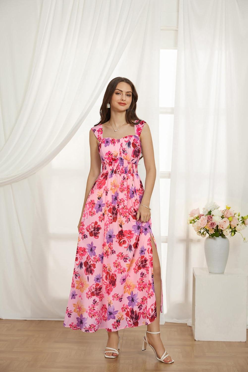 imageGRACE KARIN 2026 Womens Summer Floral Wedding Guest DressBeach Flowy A Line Maxi Off Shoulder Bridesmaid DressesPurple Red