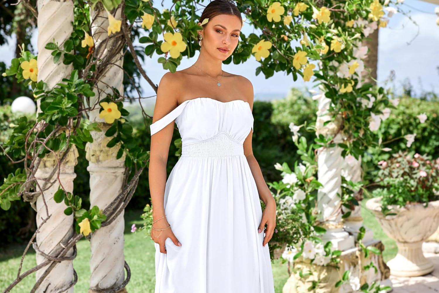 imageGRACE KARIN 2026 Womens Summer Floral Wedding Guest DressBeach Flowy A Line Maxi Off Shoulder Bridesmaid DressesWhite