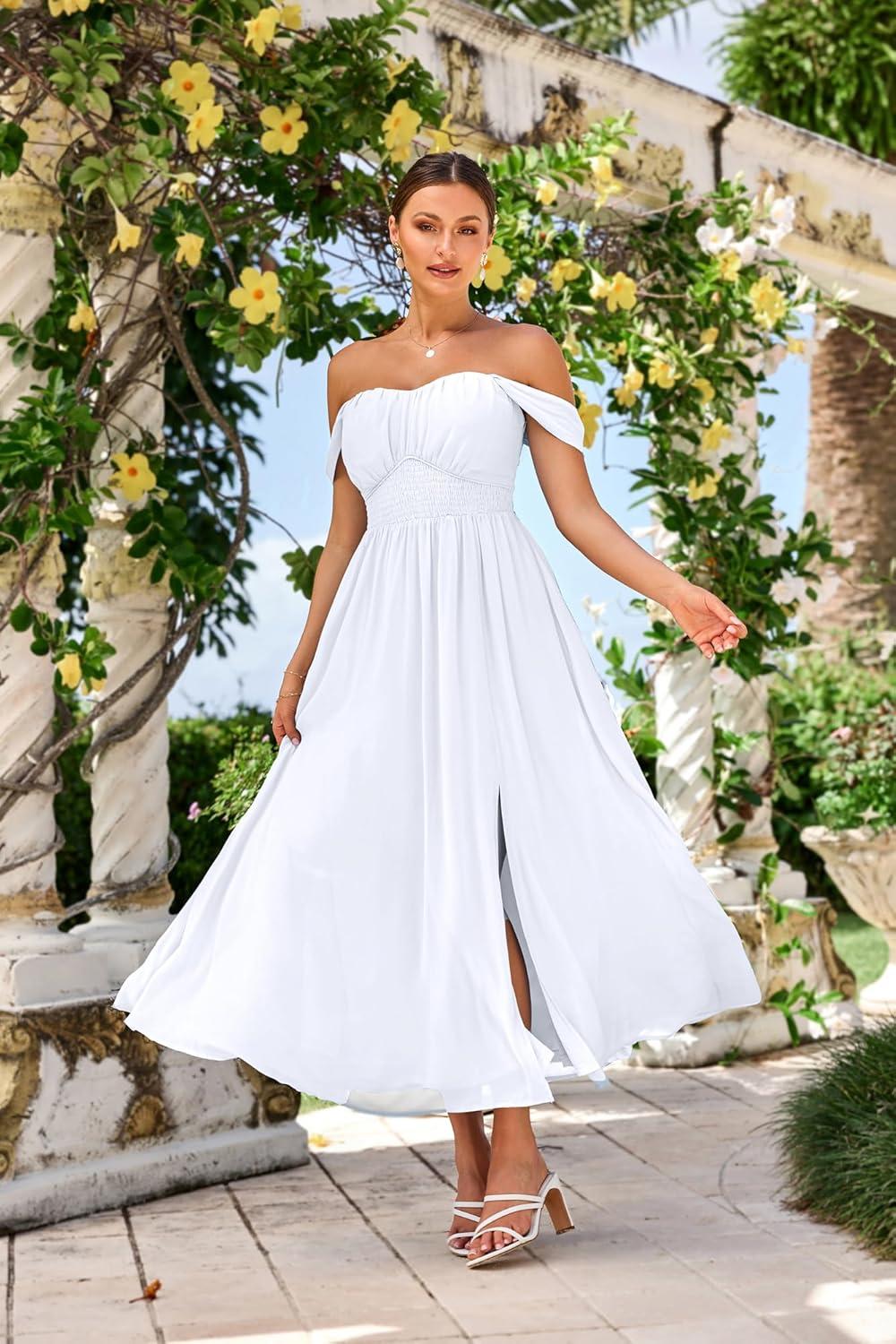 imageGRACE KARIN 2026 Womens Summer Floral Wedding Guest DressBeach Flowy A Line Maxi Off Shoulder Bridesmaid DressesWhite