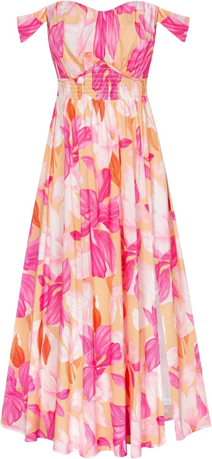 imageGRACE KARIN 2026 Womens Summer Floral Wedding Guest DressBeach Flowy A Line Maxi Off Shoulder Bridesmaid DressesWhite Rose Red
