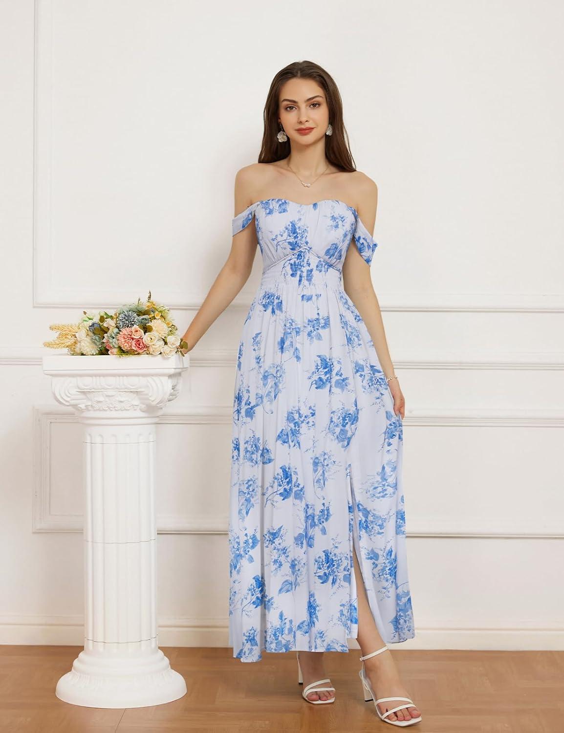 imageGRACE KARIN 2026 Womens Summer Floral Wedding Guest DressBeach Flowy A Line Maxi Off Shoulder Bridesmaid DressesWhiteblue Floral
