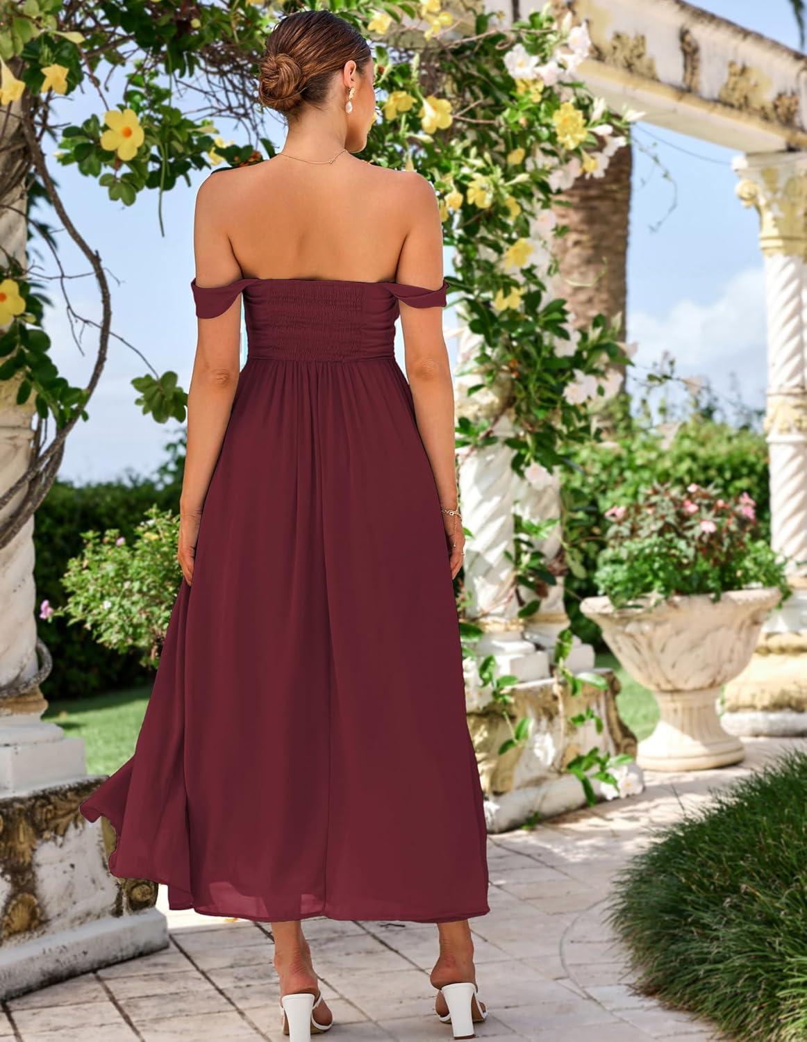 imageGRACE KARIN 2026 Womens Summer Floral Wedding Guest DressBeach Flowy A Line Maxi Off Shoulder Bridesmaid DressesWine Red