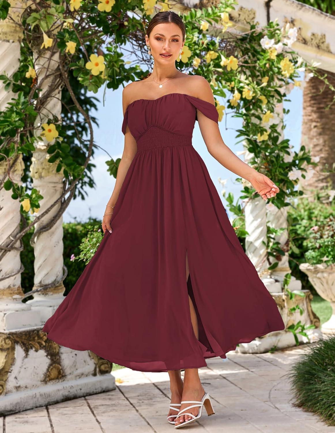 imageGRACE KARIN 2026 Womens Summer Floral Wedding Guest DressBeach Flowy A Line Maxi Off Shoulder Bridesmaid DressesWine Red