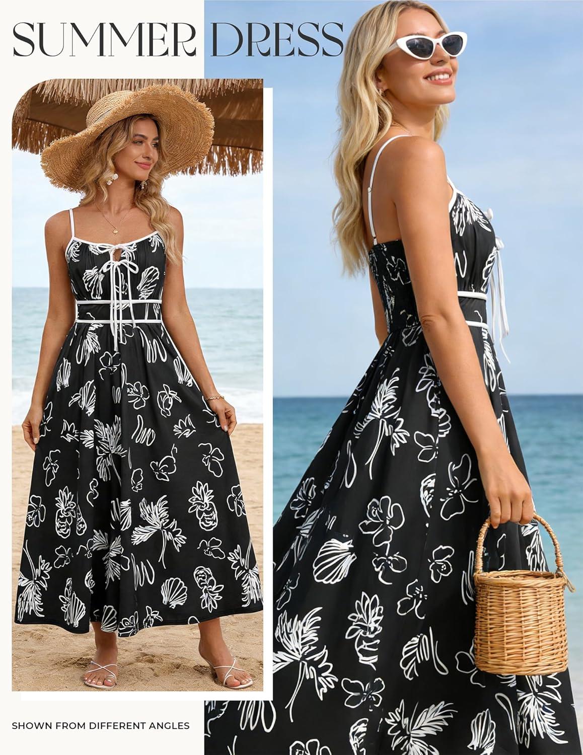 imageGRACE KARIN 2026 Womens Summer Maxi Floral Dress Spaghetti Strap Tie Front Boho Sundress with PocketsBlack