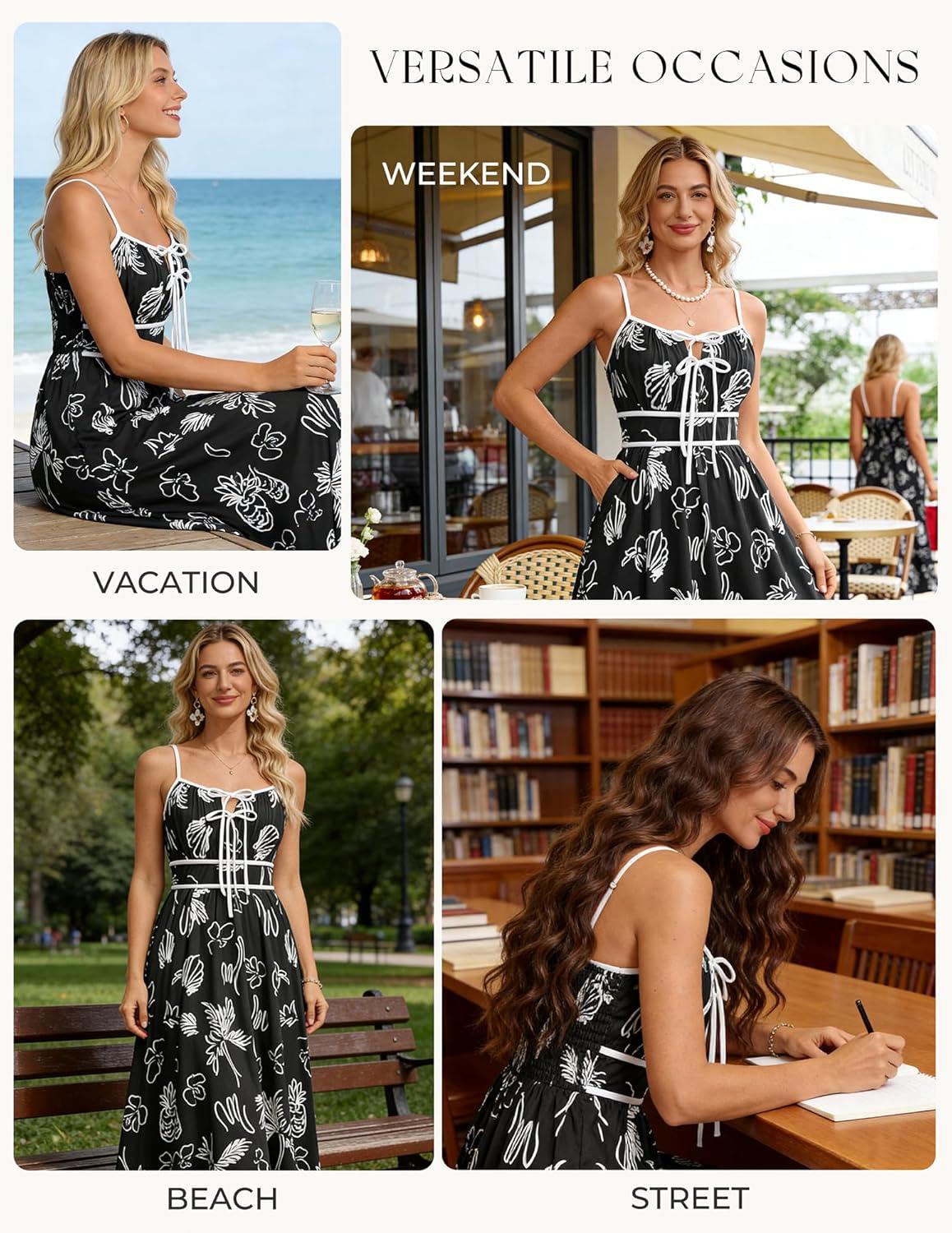 imageGRACE KARIN 2026 Womens Summer Maxi Floral Dress Spaghetti Strap Tie Front Boho Sundress with PocketsBlack