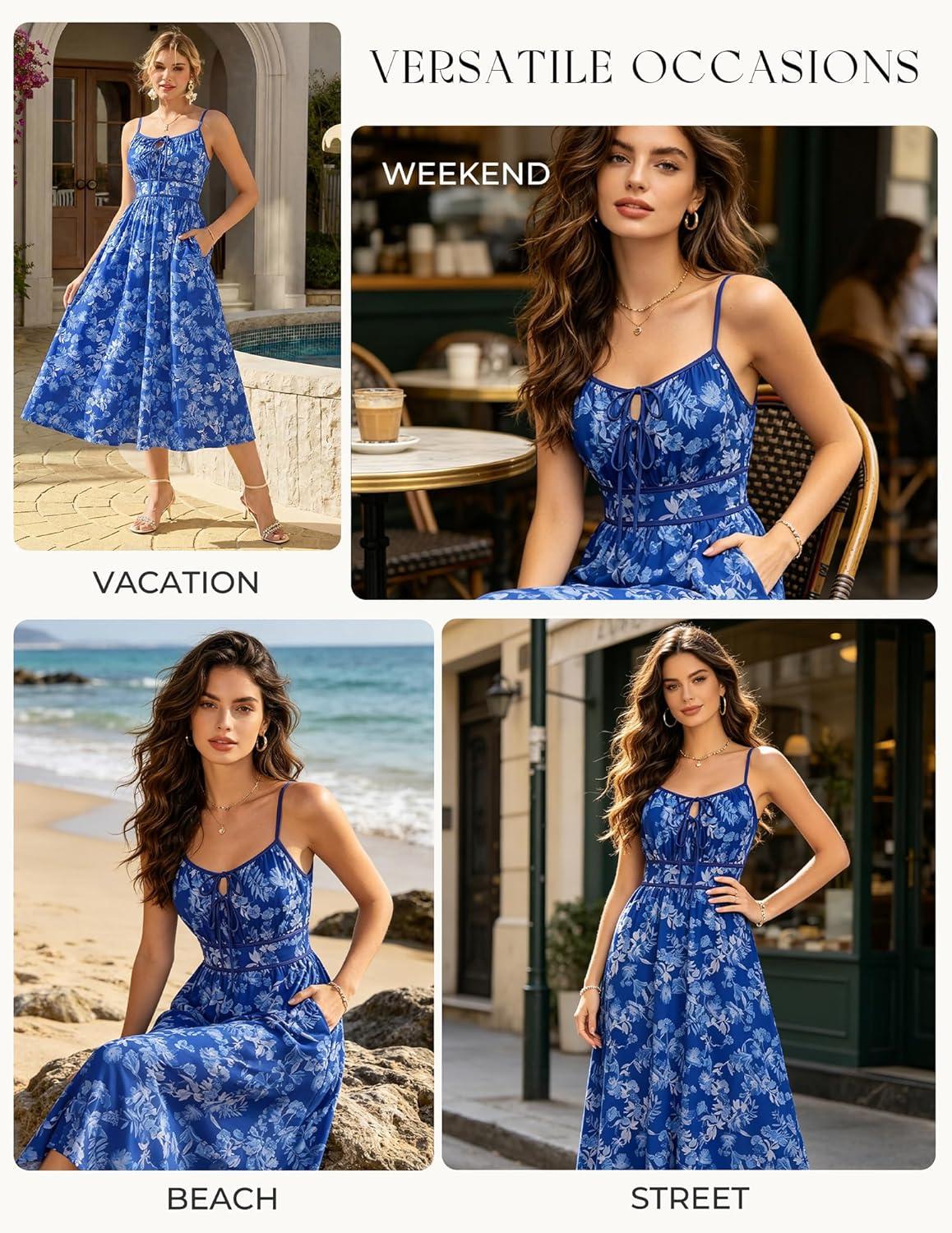 imageGRACE KARIN 2026 Womens Summer Maxi Floral Dress Spaghetti Strap Tie Front Boho Sundress with PocketsBlue Floral