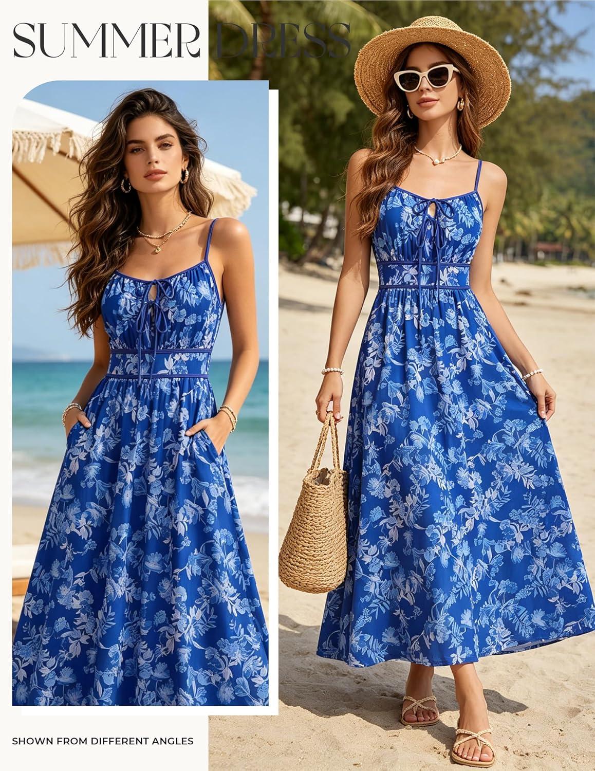 imageGRACE KARIN 2026 Womens Summer Maxi Floral Dress Spaghetti Strap Tie Front Boho Sundress with PocketsBlue Floral