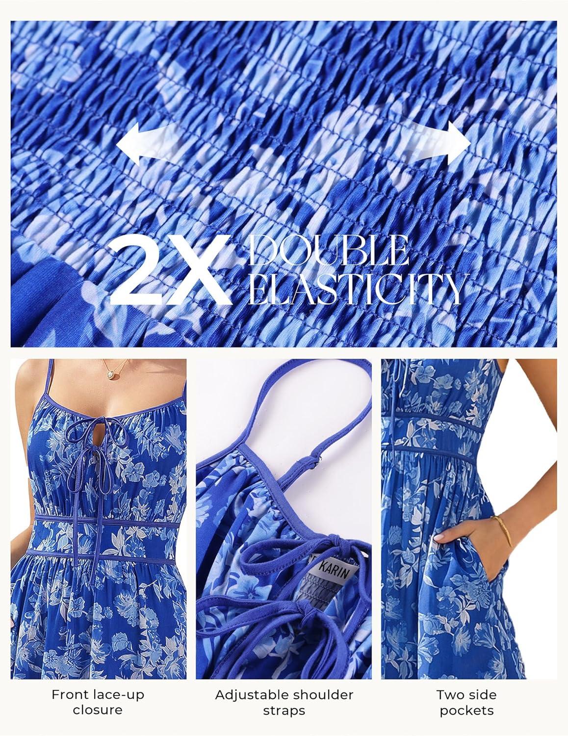 imageGRACE KARIN 2026 Womens Summer Maxi Floral Dress Spaghetti Strap Tie Front Boho Sundress with PocketsBlue Floral