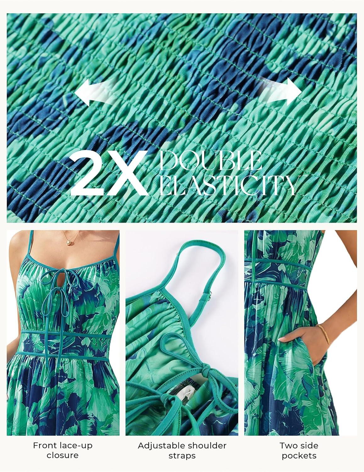 imageGRACE KARIN 2026 Womens Summer Maxi Floral Dress Spaghetti Strap Tie Front Boho Sundress with PocketsBlue Green Floral