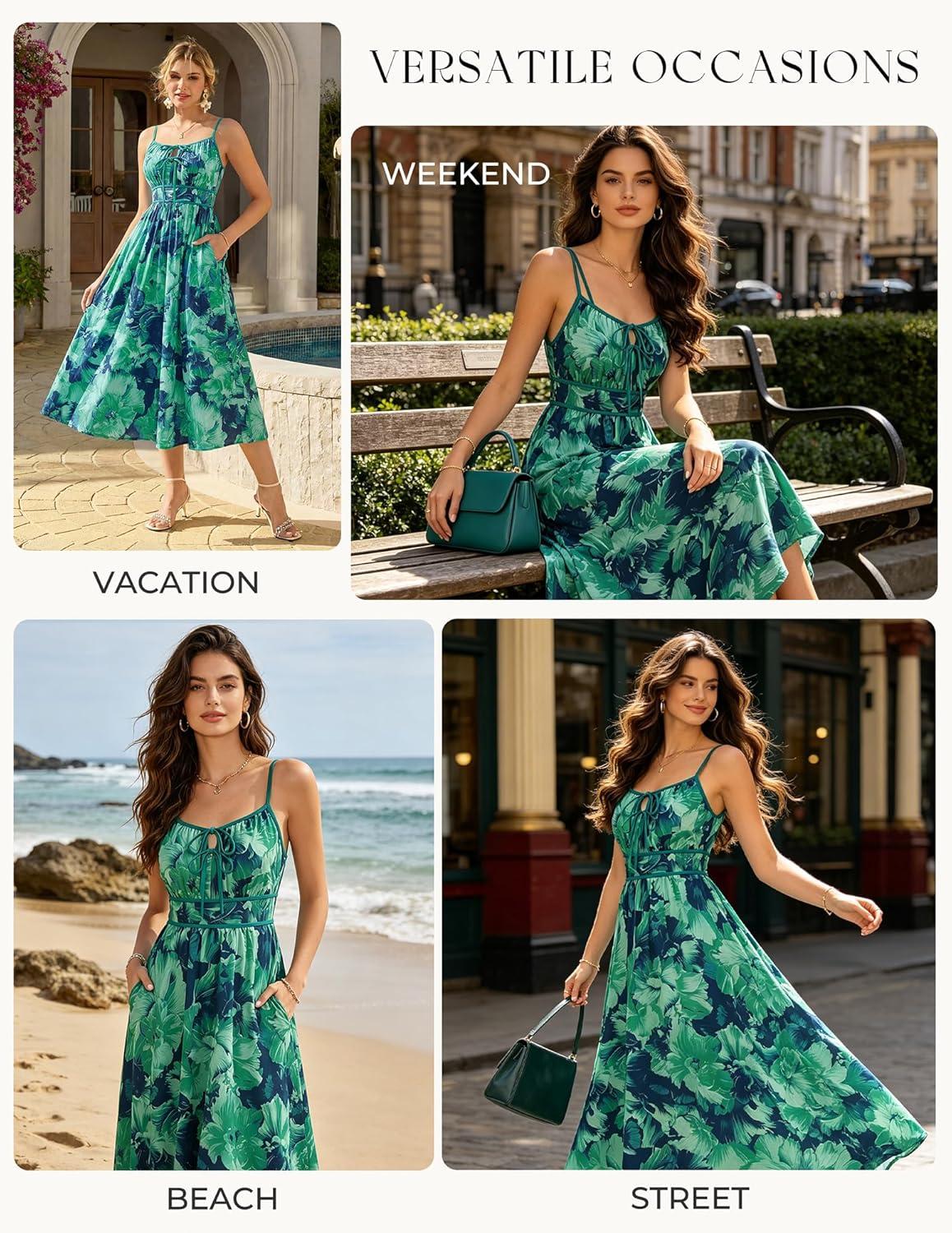 imageGRACE KARIN 2026 Womens Summer Maxi Floral Dress Spaghetti Strap Tie Front Boho Sundress with PocketsBlue Green Floral