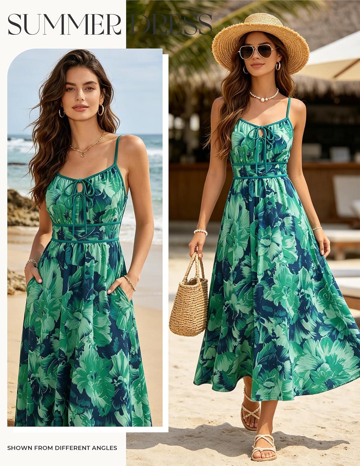 imageGRACE KARIN 2026 Womens Summer Maxi Floral Dress Spaghetti Strap Tie Front Boho Sundress with PocketsBlue Green Floral