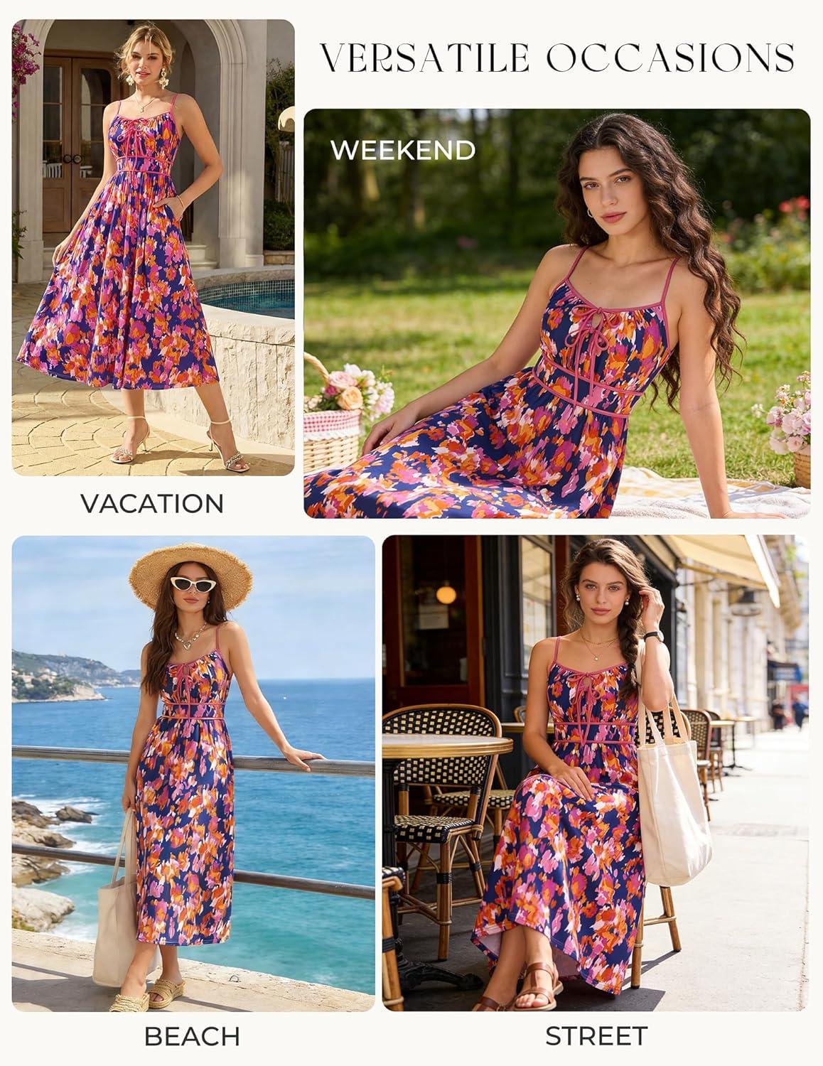 imageGRACE KARIN 2026 Womens Summer Maxi Floral Dress Spaghetti Strap Tie Front Boho Sundress with PocketsBlue Red Floral