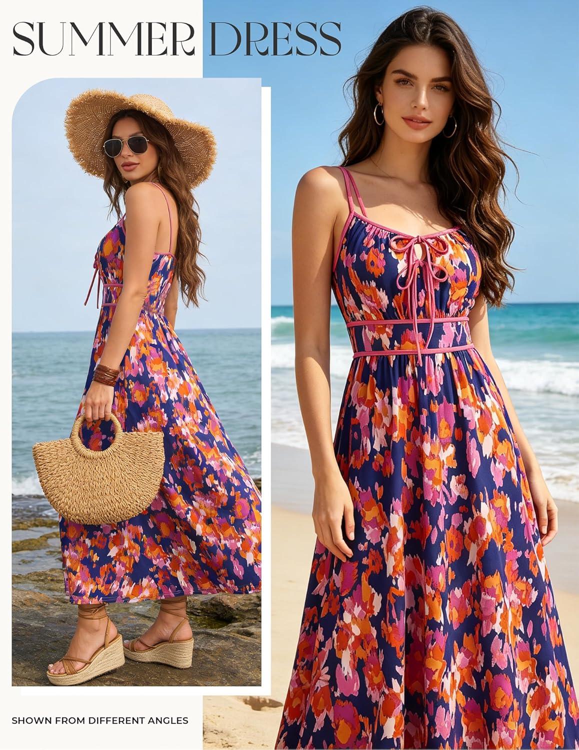 imageGRACE KARIN 2026 Womens Summer Maxi Floral Dress Spaghetti Strap Tie Front Boho Sundress with PocketsBlue Red Floral
