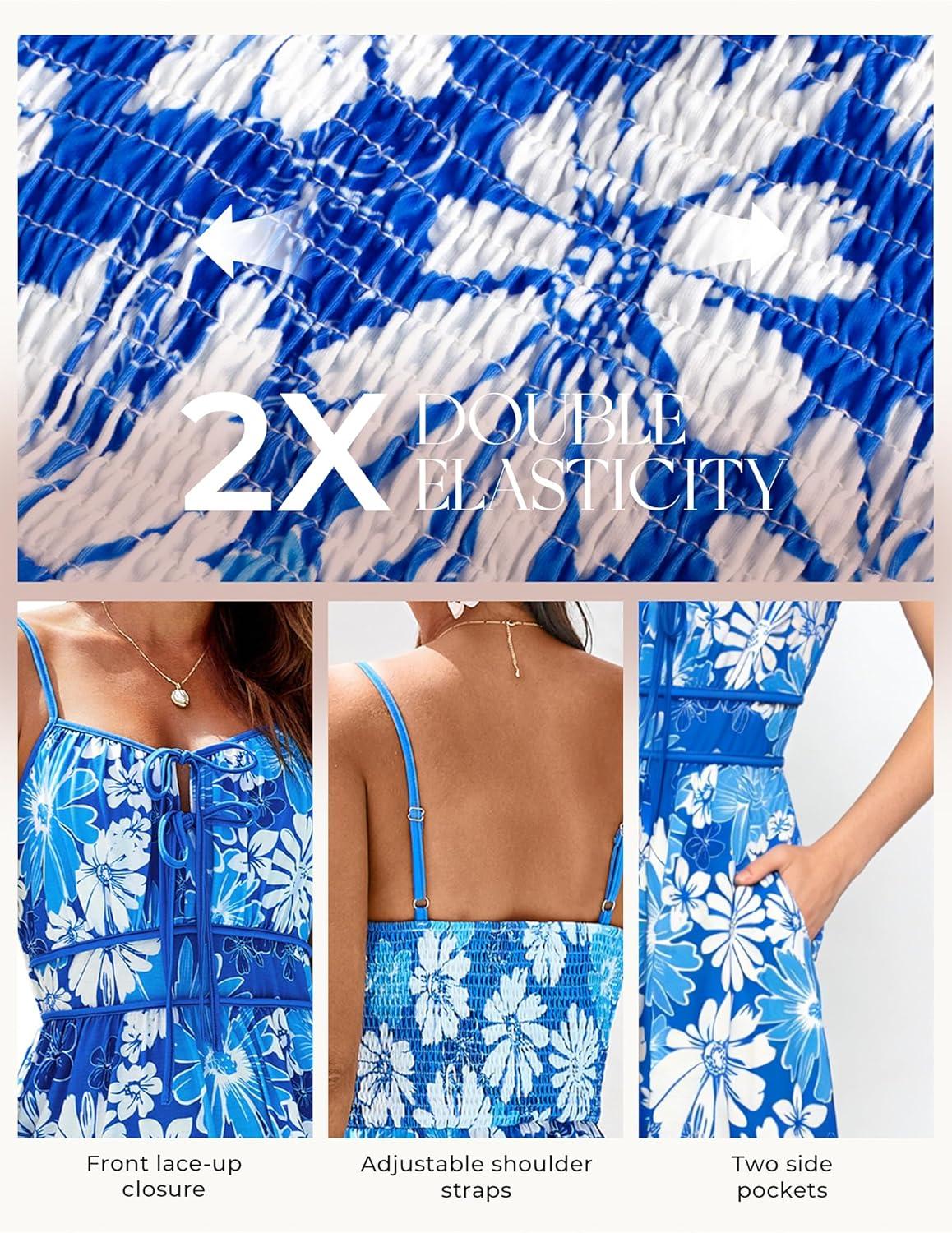 imageGRACE KARIN 2026 Womens Summer Maxi Floral Dress Spaghetti Strap Tie Front Boho Sundress with PocketsBlue White