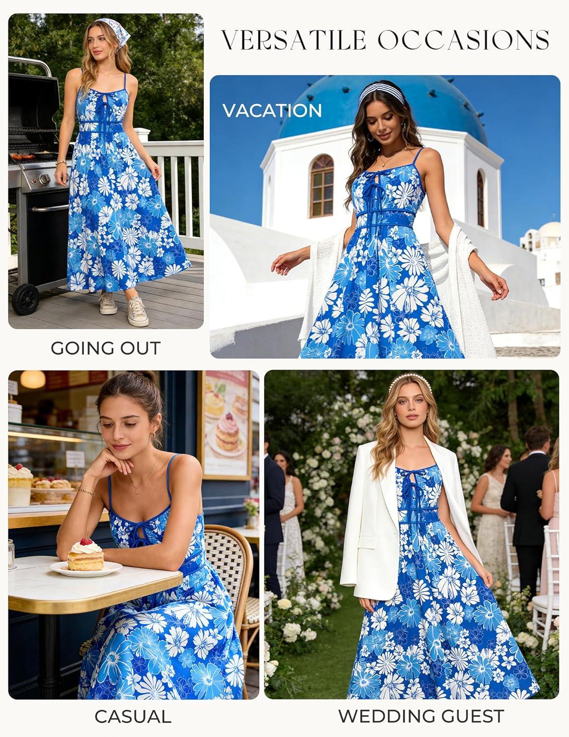imageGRACE KARIN 2026 Womens Summer Maxi Floral Dress Spaghetti Strap Tie Front Boho Sundress with PocketsBlue White