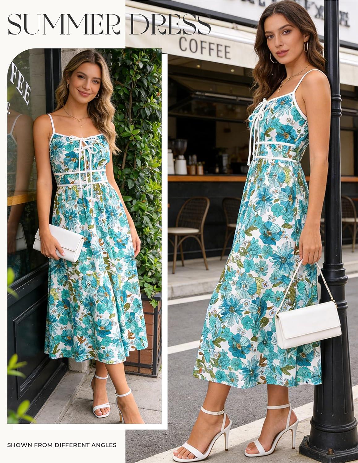 imageGRACE KARIN 2026 Womens Summer Maxi Floral Dress Spaghetti Strap Tie Front Boho Sundress with PocketsGreen