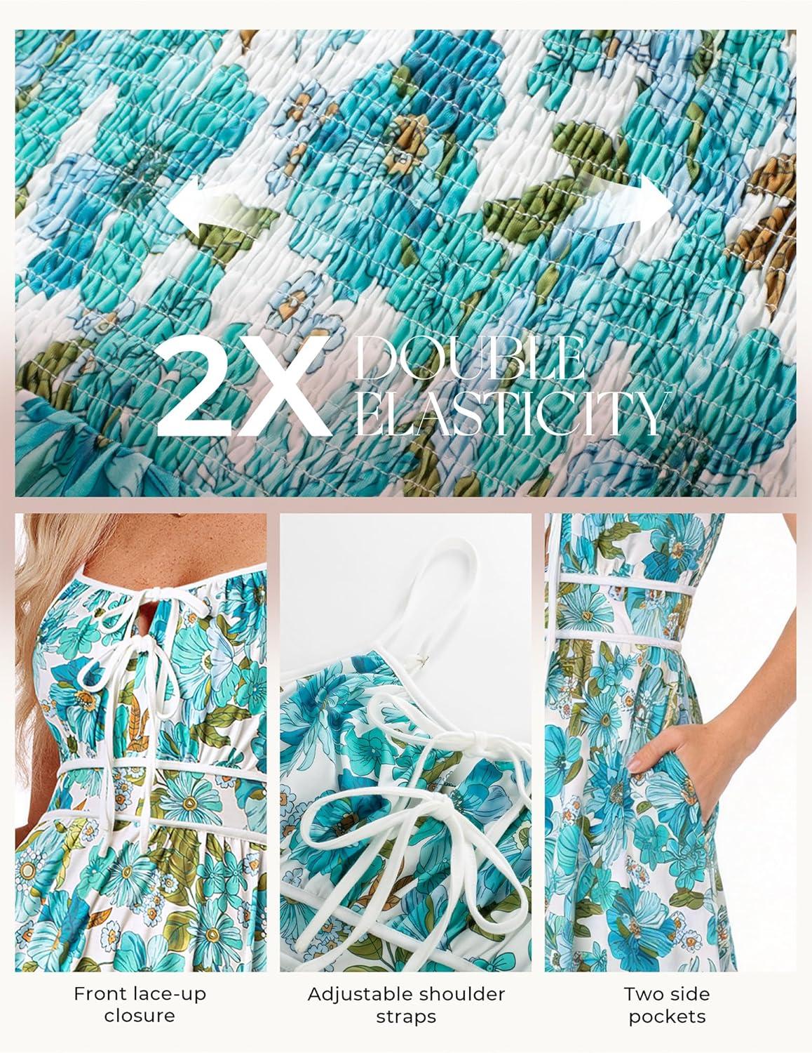 imageGRACE KARIN 2026 Womens Summer Maxi Floral Dress Spaghetti Strap Tie Front Boho Sundress with PocketsGreen
