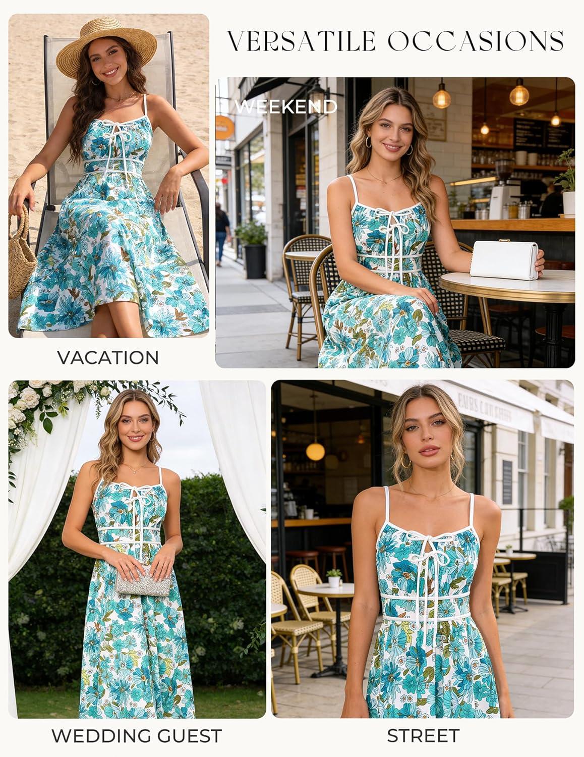 imageGRACE KARIN 2026 Womens Summer Maxi Floral Dress Spaghetti Strap Tie Front Boho Sundress with PocketsGreen