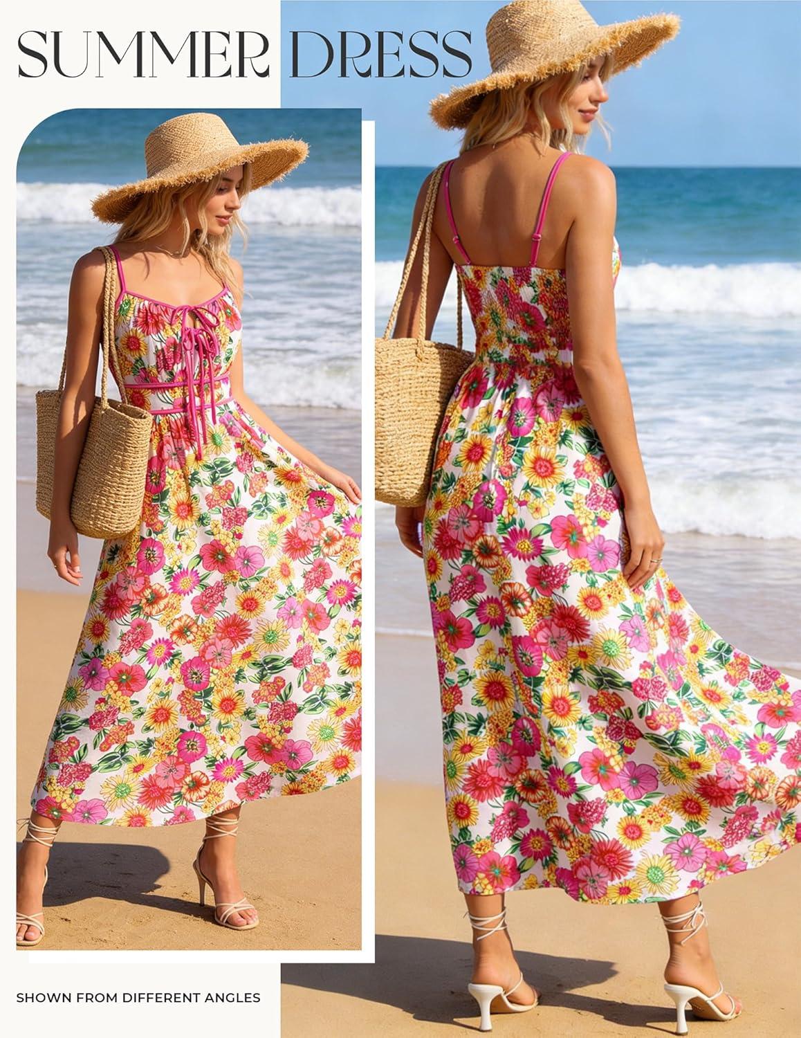imageGRACE KARIN 2026 Womens Summer Maxi Floral Dress Spaghetti Strap Tie Front Boho Sundress with PocketsPink Yellow