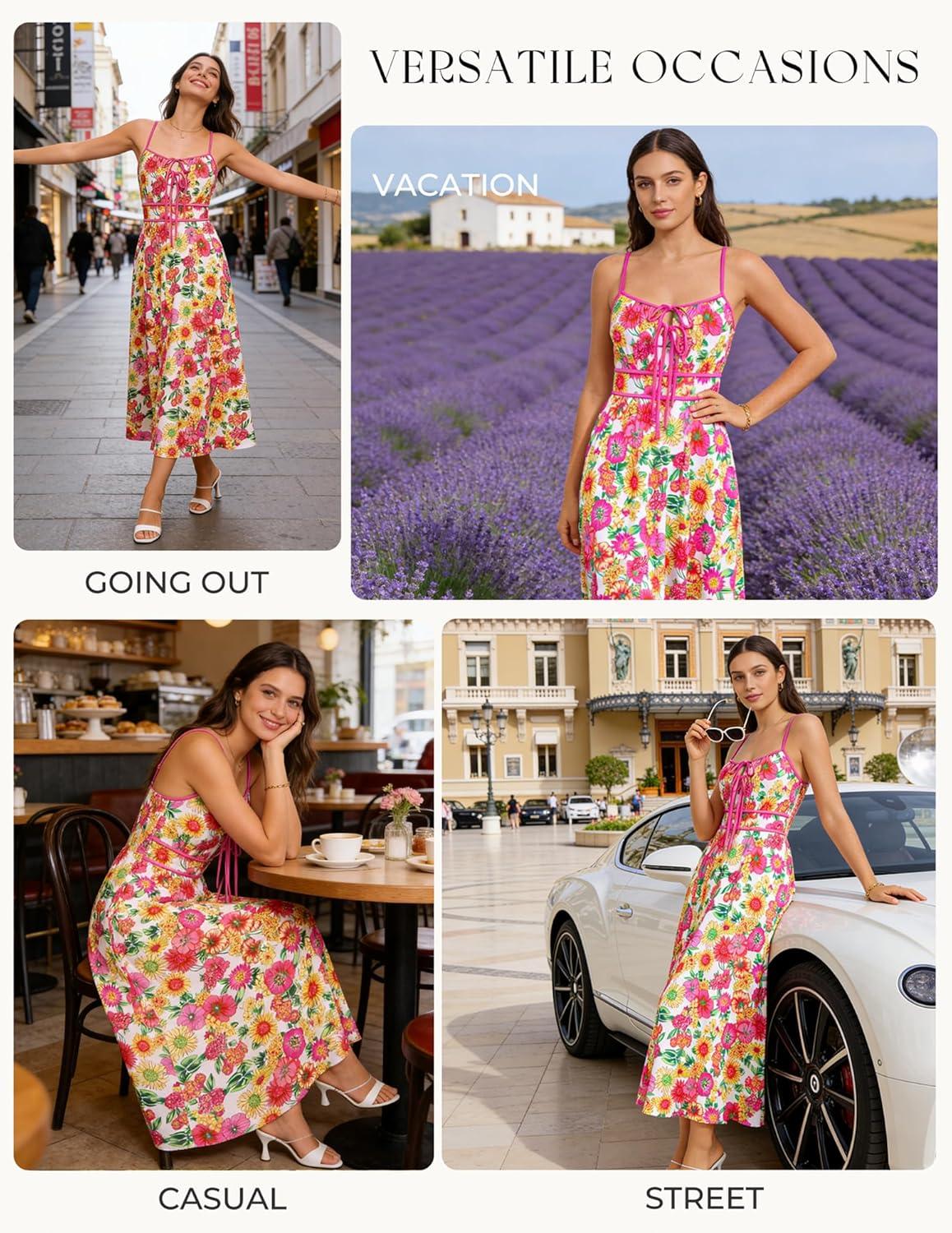 imageGRACE KARIN 2026 Womens Summer Maxi Floral Dress Spaghetti Strap Tie Front Boho Sundress with PocketsPink Yellow