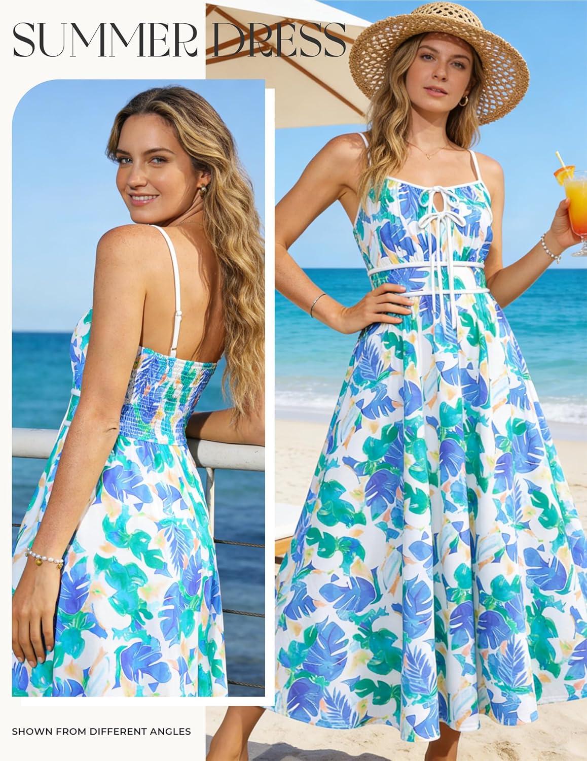 imageGRACE KARIN 2026 Womens Summer Maxi Floral Dress Spaghetti Strap Tie Front Boho Sundress with PocketsPurple Green
