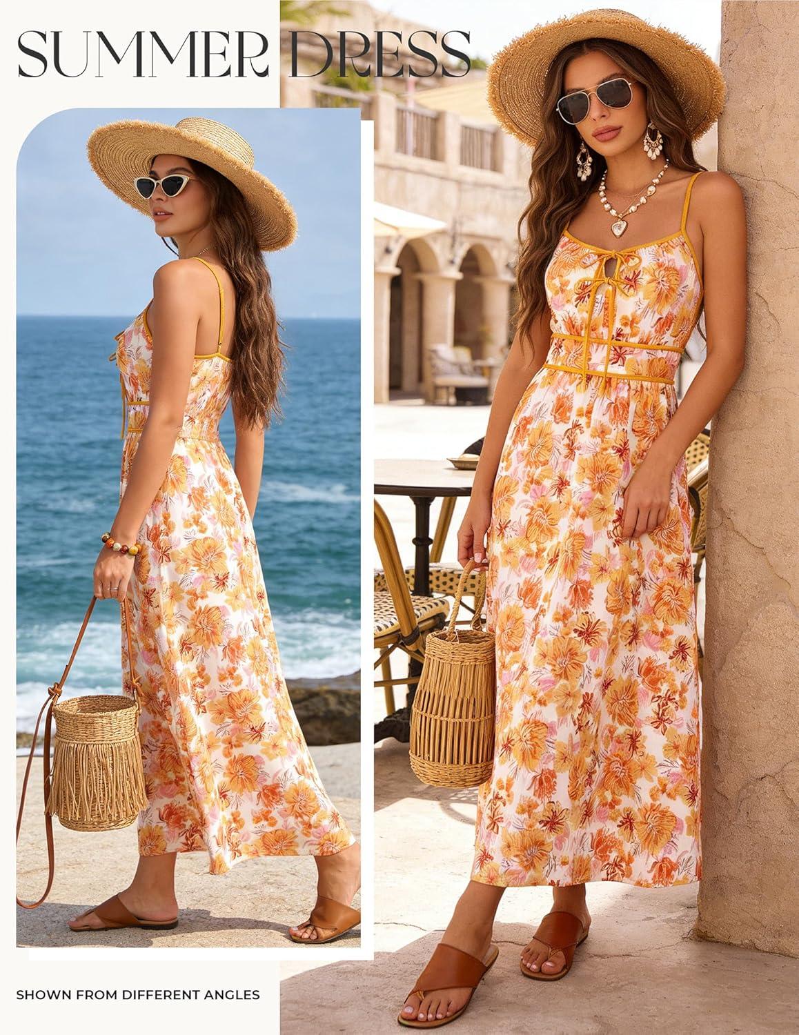 imageGRACE KARIN 2026 Womens Summer Maxi Floral Dress Spaghetti Strap Tie Front Boho Sundress with PocketsWhite Orange Floral