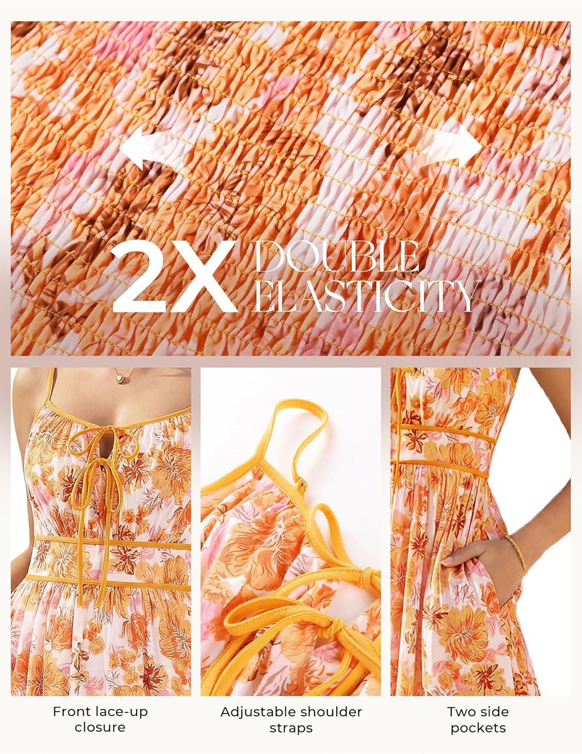 imageGRACE KARIN 2026 Womens Summer Maxi Floral Dress Spaghetti Strap Tie Front Boho Sundress with PocketsWhite Orange Floral