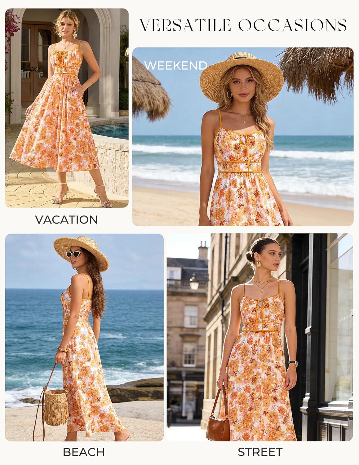 imageGRACE KARIN 2026 Womens Summer Maxi Floral Dress Spaghetti Strap Tie Front Boho Sundress with PocketsWhite Orange Floral