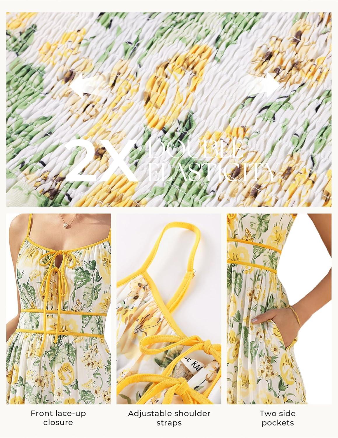 imageGRACE KARIN 2026 Womens Summer Maxi Floral Dress Spaghetti Strap Tie Front Boho Sundress with PocketsWhite Yellow Floral