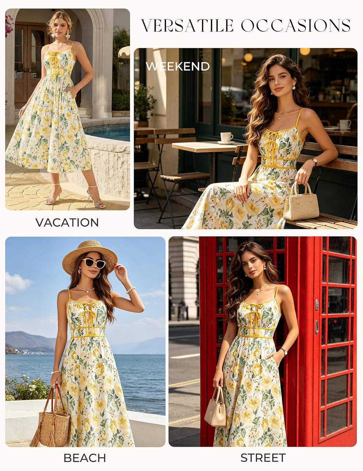 imageGRACE KARIN 2026 Womens Summer Maxi Floral Dress Spaghetti Strap Tie Front Boho Sundress with PocketsWhite Yellow Floral