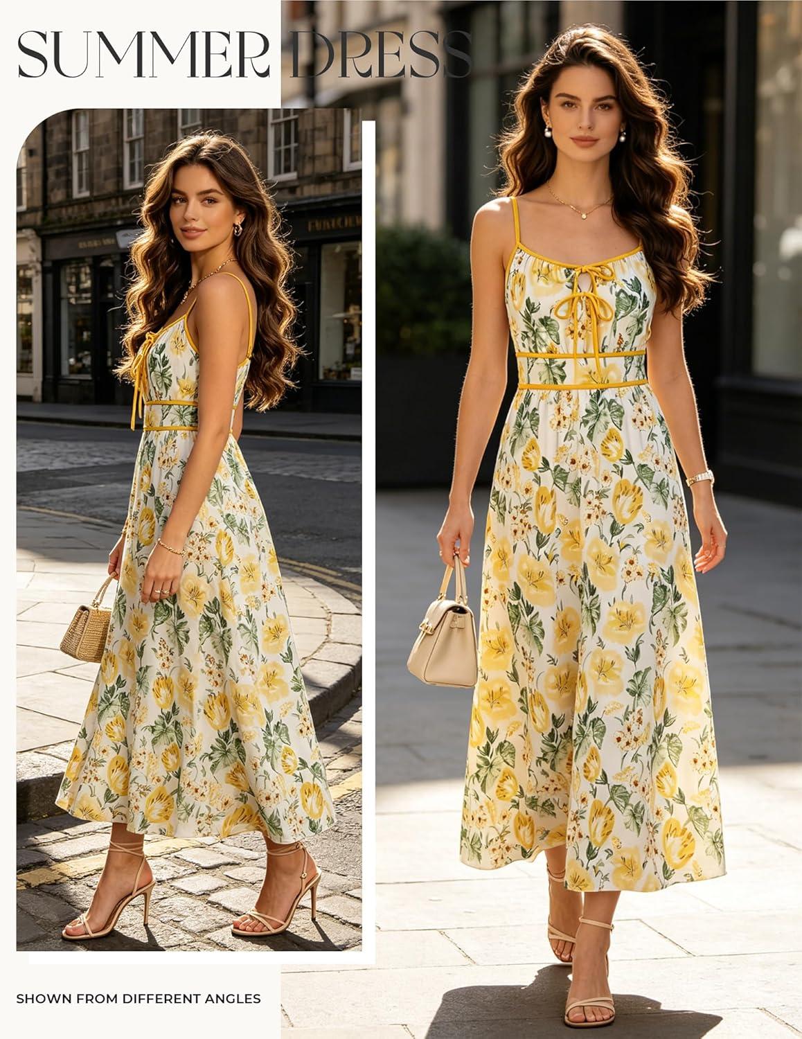 imageGRACE KARIN 2026 Womens Summer Maxi Floral Dress Spaghetti Strap Tie Front Boho Sundress with PocketsWhite Yellow Floral