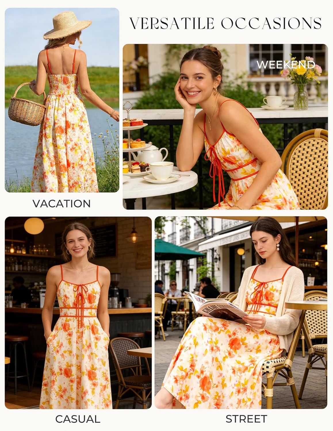 imageGRACE KARIN 2026 Womens Summer Maxi Floral Dress Spaghetti Strap Tie Front Boho Sundress with PocketsYellow