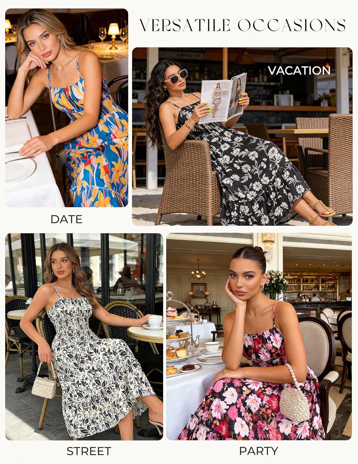 imageGRACE KARIN Summer Dresses for Women 2026 VacationSmocked Floral Maxi DressBoho Beach Sundress with Pocket Fashion ClothingBeige Black