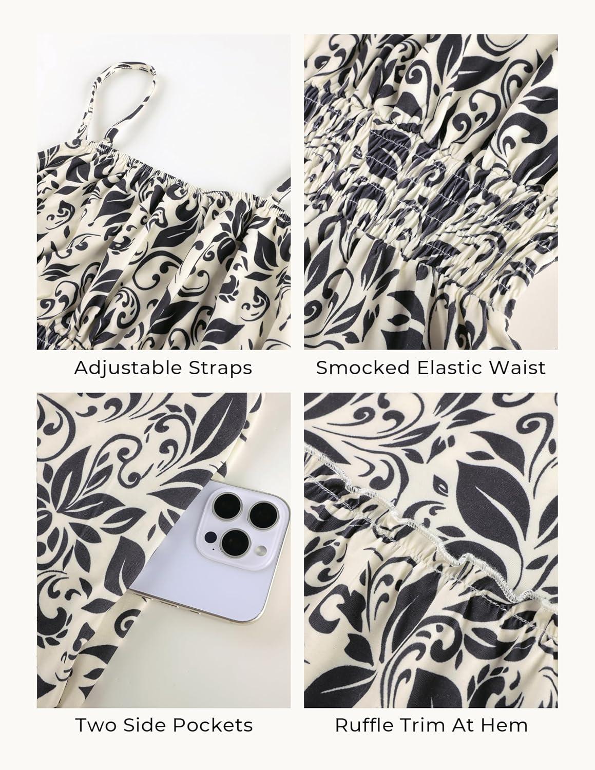 imageGRACE KARIN Summer Dresses for Women 2026 VacationSmocked Floral Maxi DressBoho Beach Sundress with Pocket Fashion ClothingBeige Black