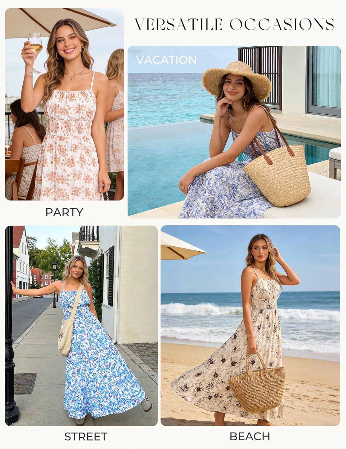 imageGRACE KARIN Summer Dresses for Women 2026 VacationSmocked Floral Maxi DressBoho Beach Sundress with Pocket Fashion ClothingBeige Flower