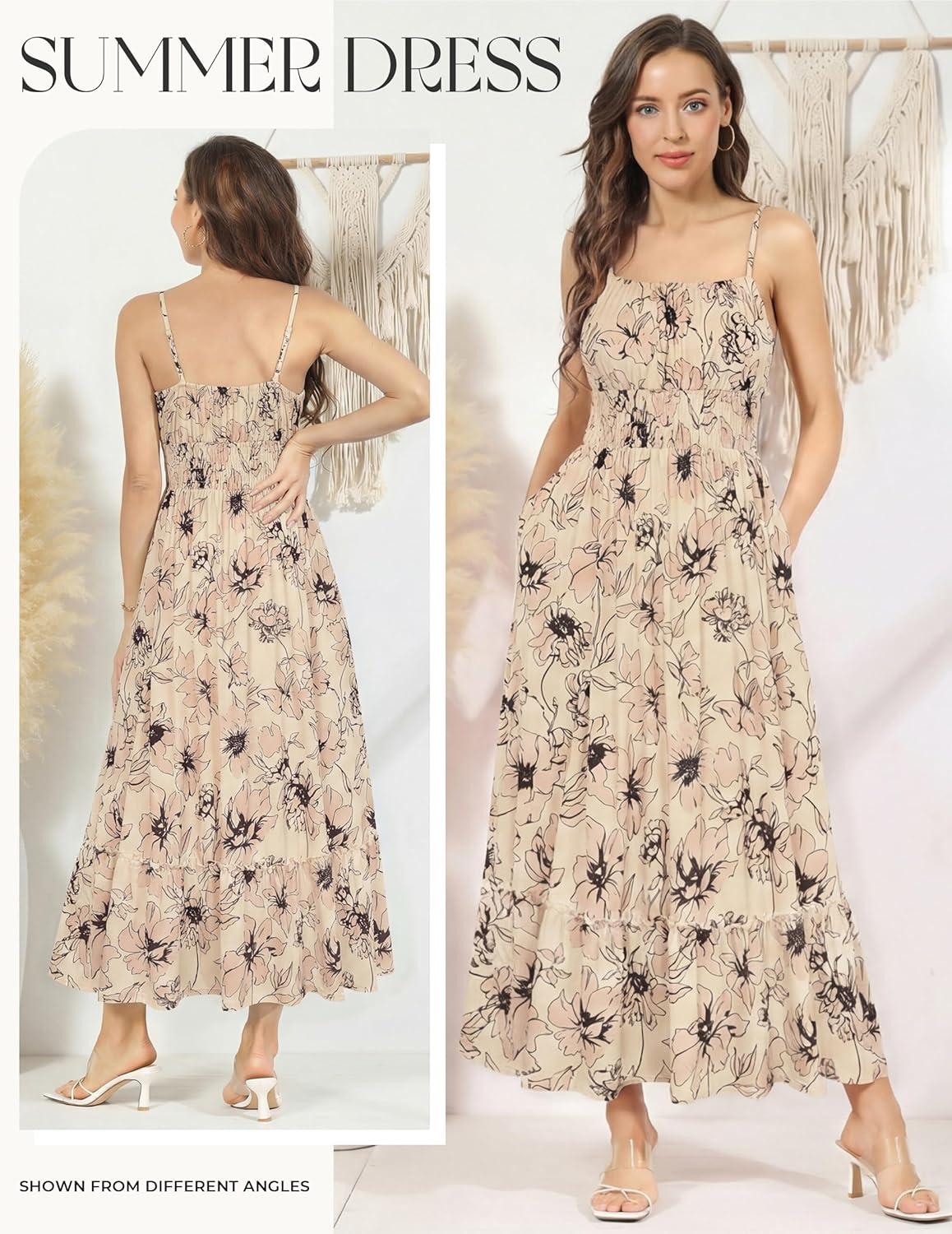 imageGRACE KARIN Summer Dresses for Women 2026 VacationSmocked Floral Maxi DressBoho Beach Sundress with Pocket Fashion ClothingBeige Flower