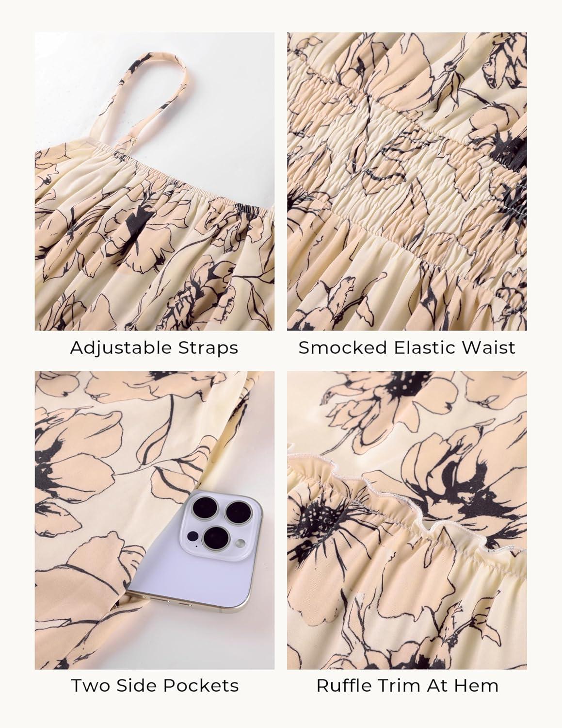 imageGRACE KARIN Summer Dresses for Women 2026 VacationSmocked Floral Maxi DressBoho Beach Sundress with Pocket Fashion ClothingBeige Flower