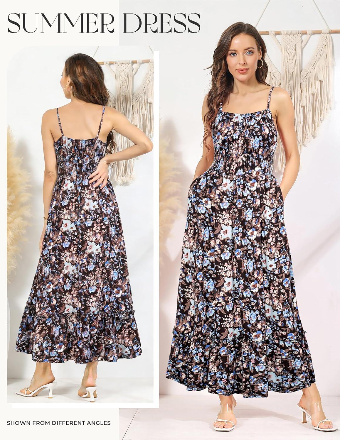 imageGRACE KARIN Summer Dresses for Women 2026 VacationSmocked Floral Maxi DressBoho Beach Sundress with Pocket Fashion ClothingBlack Floral