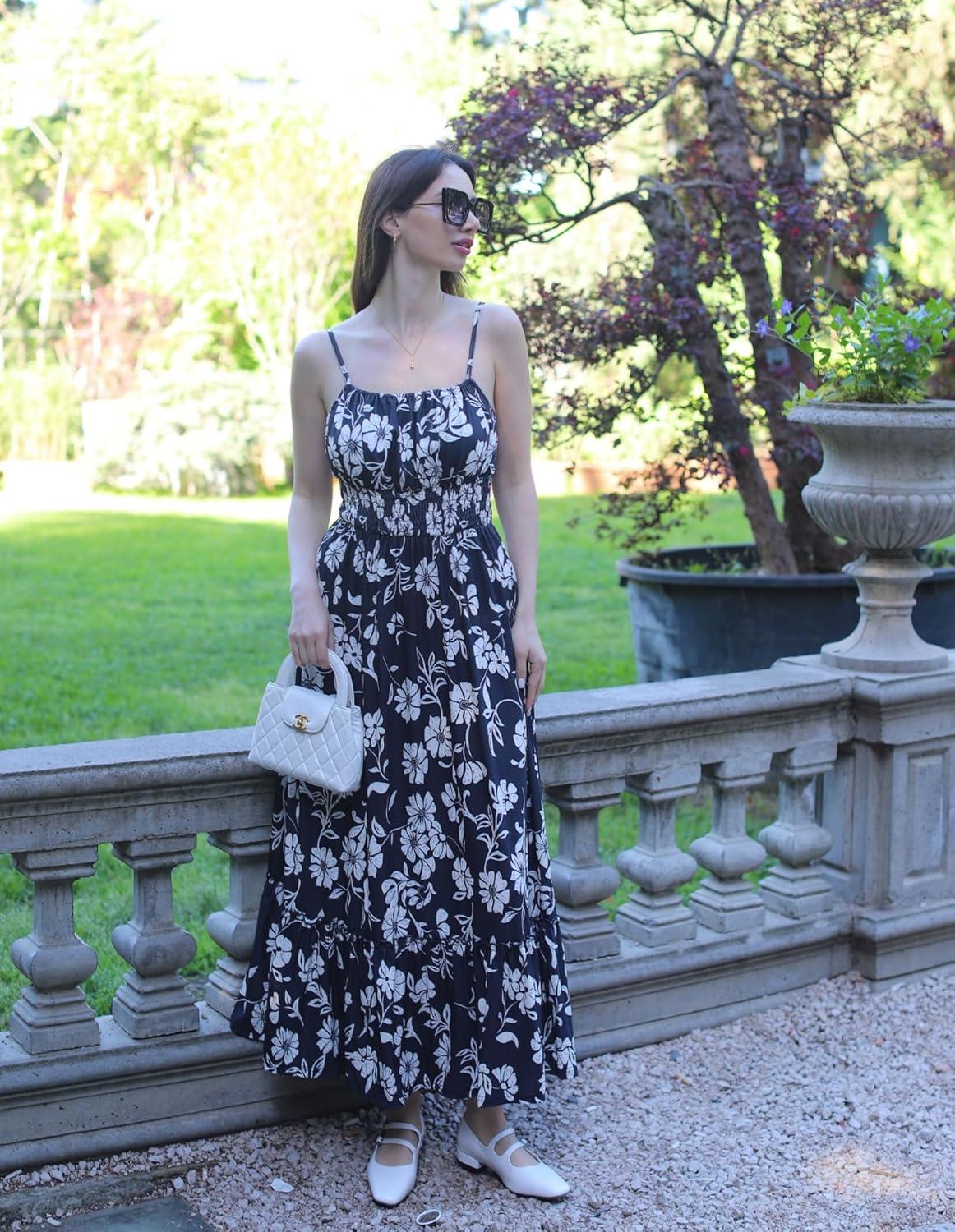 imageGRACE KARIN Summer Dresses for Women 2026 VacationSmocked Floral Maxi DressBoho Beach Sundress with Pocket Fashion ClothingBlack Vine