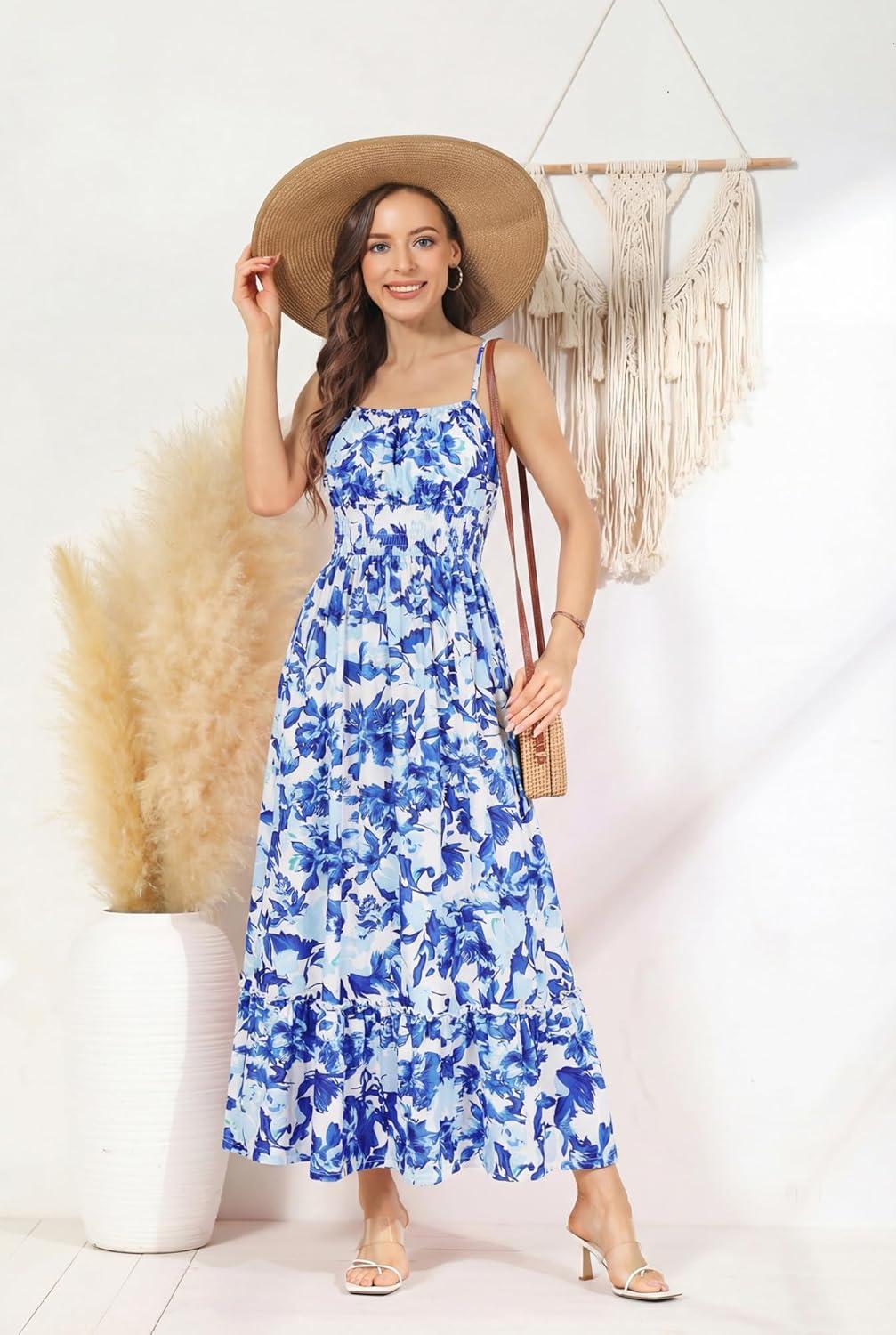 imageGRACE KARIN Summer Dresses for Women 2026 VacationSmocked Floral Maxi DressBoho Beach Sundress with Pocket Fashion ClothingBlue