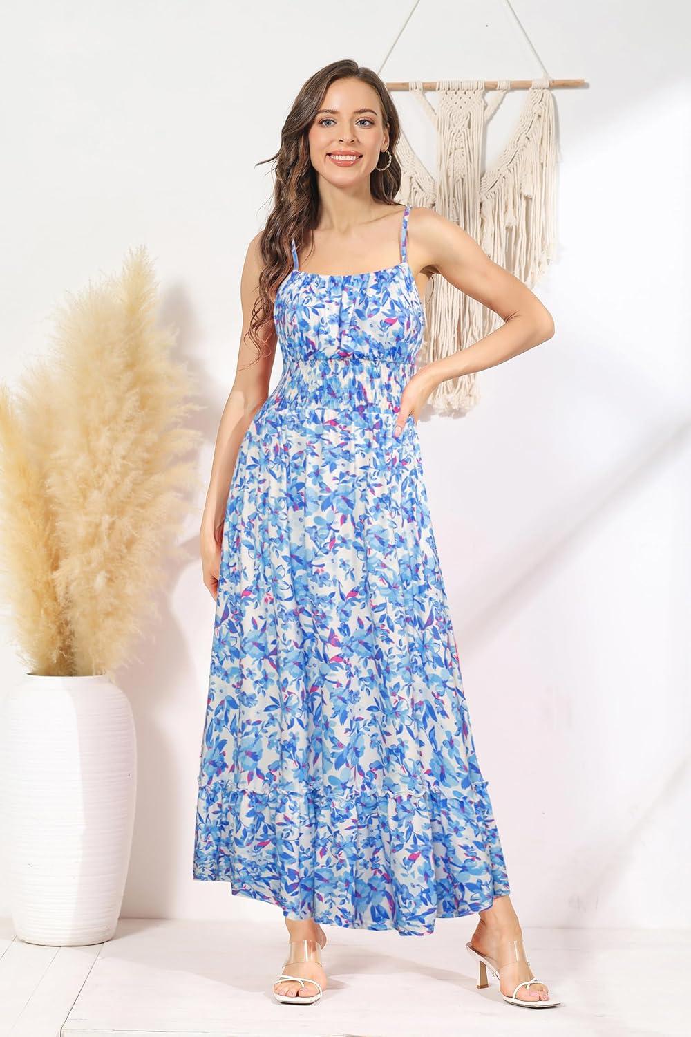 imageGRACE KARIN Summer Dresses for Women 2026 VacationSmocked Floral Maxi DressBoho Beach Sundress with Pocket Fashion ClothingBlue Floral Bright