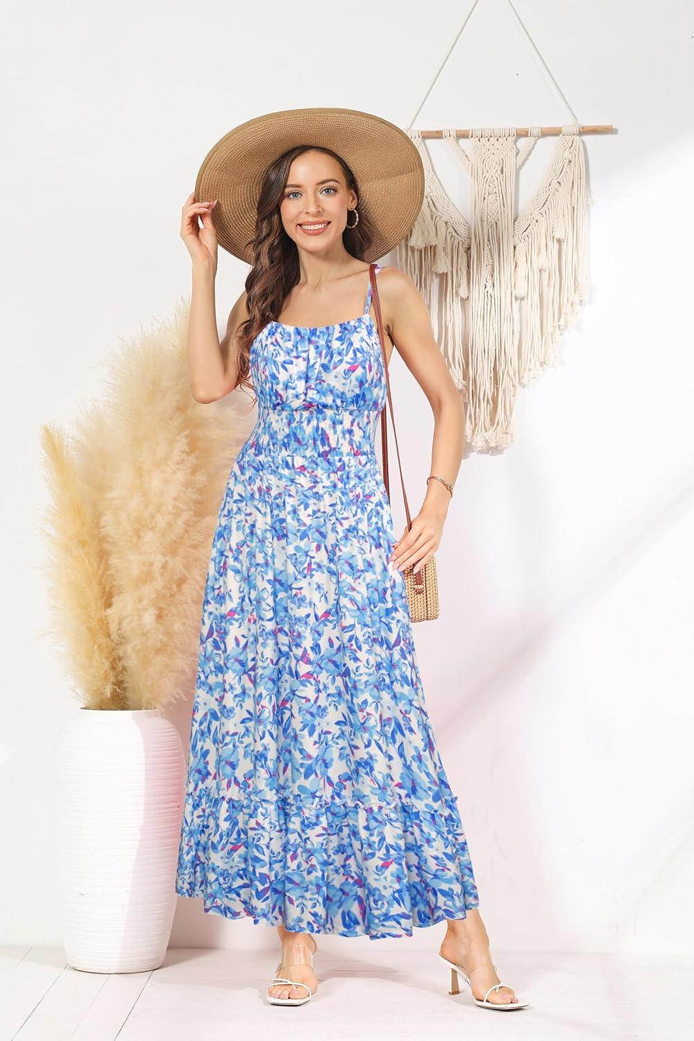 imageGRACE KARIN Summer Dresses for Women 2026 VacationSmocked Floral Maxi DressBoho Beach Sundress with Pocket Fashion ClothingBlue Floral Bright