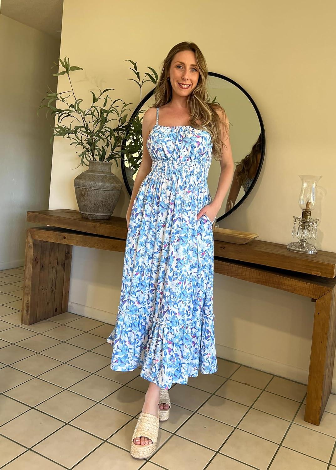imageGRACE KARIN Summer Dresses for Women 2026 VacationSmocked Floral Maxi DressBoho Beach Sundress with Pocket Fashion ClothingBlue Floral Bright