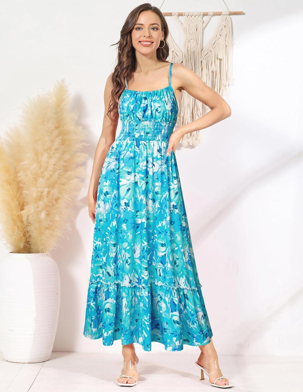imageGRACE KARIN Summer Dresses for Women 2026 VacationSmocked Floral Maxi DressBoho Beach Sundress with Pocket Fashion ClothingBlue Green