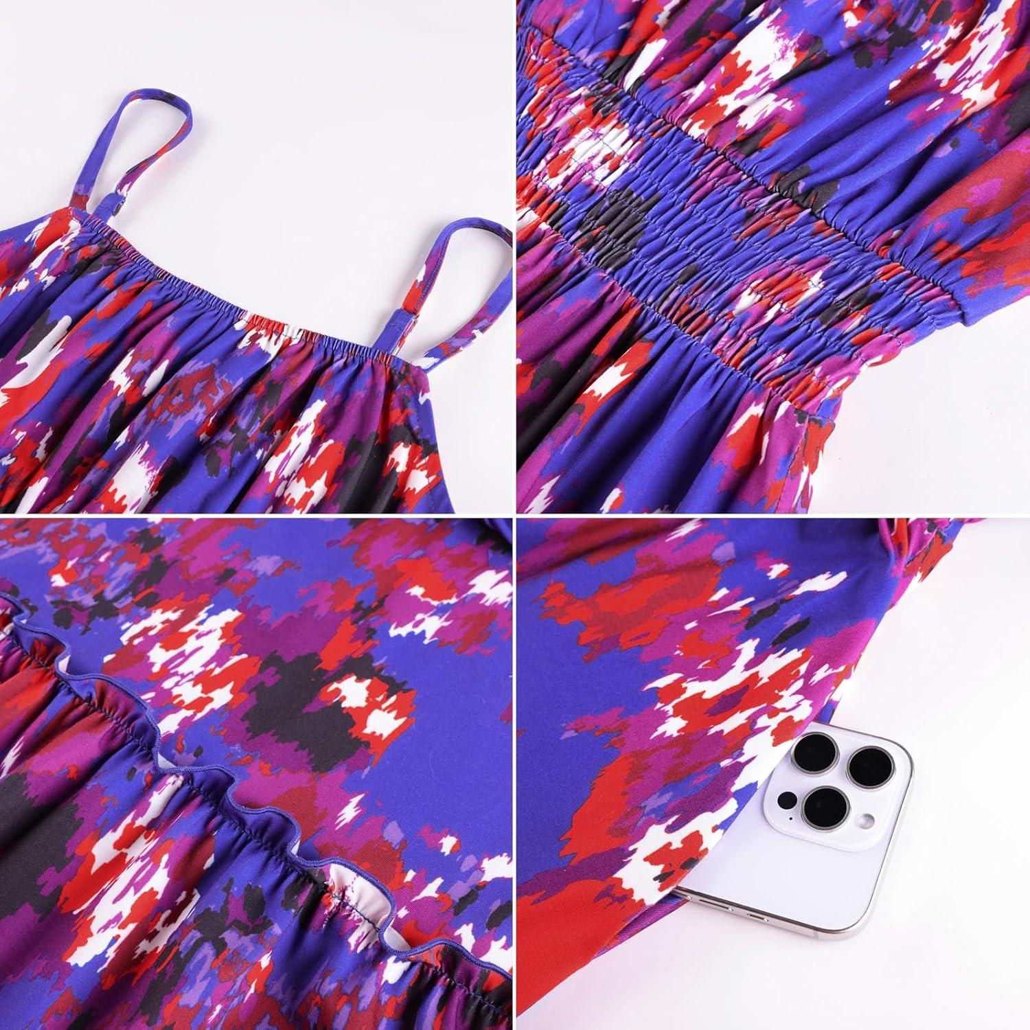 imageGRACE KARIN Summer Dresses for Women 2026 VacationSmocked Floral Maxi DressBoho Beach Sundress with Pocket Fashion ClothingBlue Red