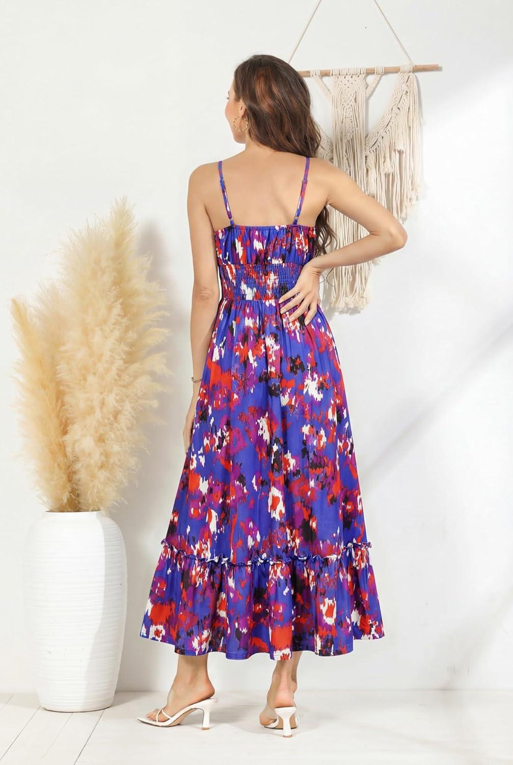imageGRACE KARIN Summer Dresses for Women 2026 VacationSmocked Floral Maxi DressBoho Beach Sundress with Pocket Fashion ClothingBlue Red